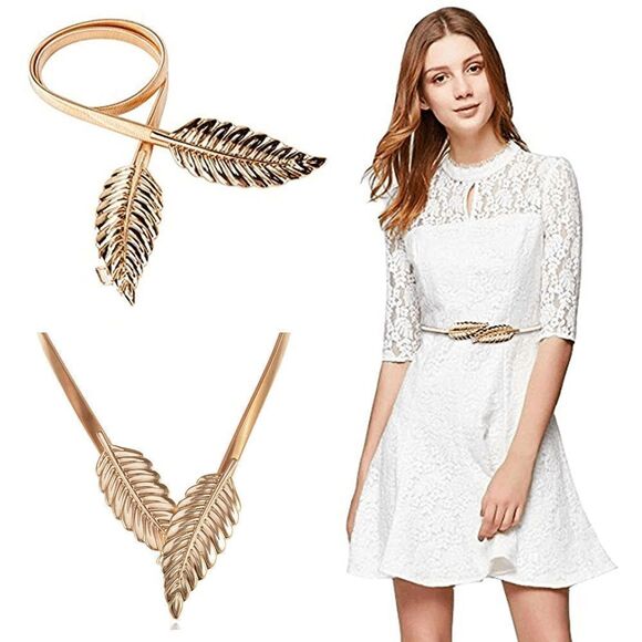 ✨🍃 Leaf Buckle Stretchy Elastic Greek Goddess Gold Silver Metal Dress Belt NEW - Picture 10 of 16